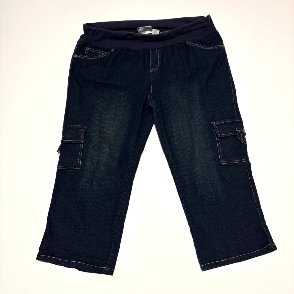 Oh! Mamma Maternity Cargo Capri Jeans Dark‎ Wash Stretch Comfort Size XL